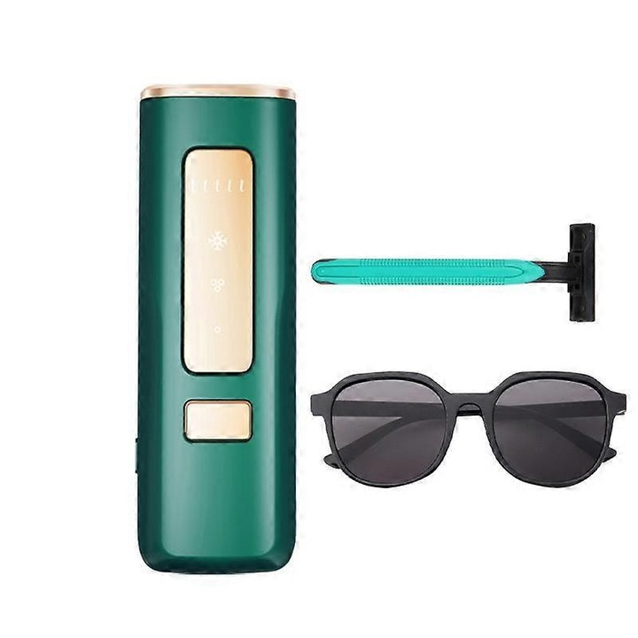 Epilator Sapphire Ice Sense, dispozitiv de epilare cu puls rece, 5 viteze, verde inchis, set cu aparat de ras si ochelari