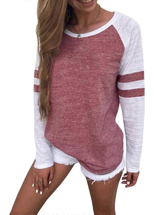 Bluza dama, maneci lungi, decolteu rotund, imprimeu cu dungi, bumbac, Rosu/Alb