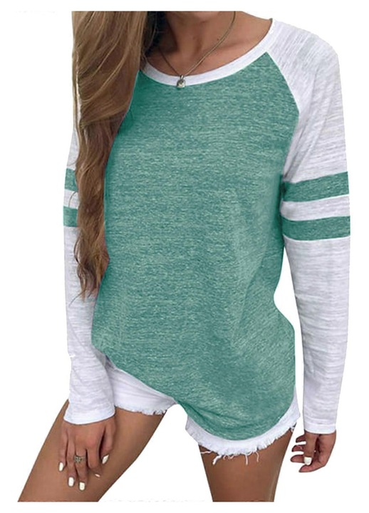 Bluza dama, maneci lungi, decolteu rotund, imprimeu cu dungi, bumbac, alb/verde