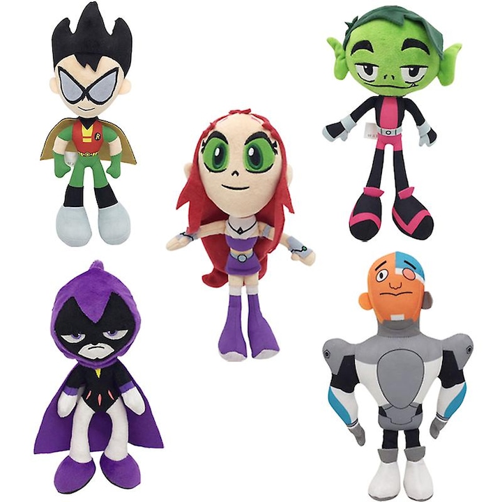 Set de papusi de plus Teen Titans Go, Robin, Cyborg, Starfire, Raven, Beast Boy, 25cm, multicolor