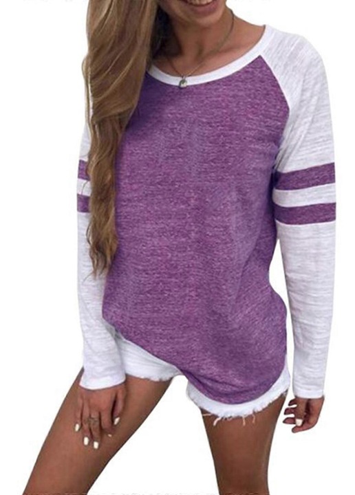 Bluza dama, maneci lungi, decolteu rotund, imprimeu cu dungi, bumbac, Alb/Violet