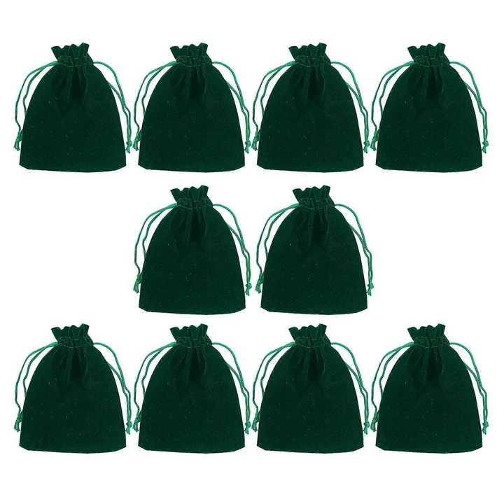 Комплект от 10 фланелени торбички с връзки, зелени, лилави, розови, бордо червени, черни, сини, 7x9 см, за бижута