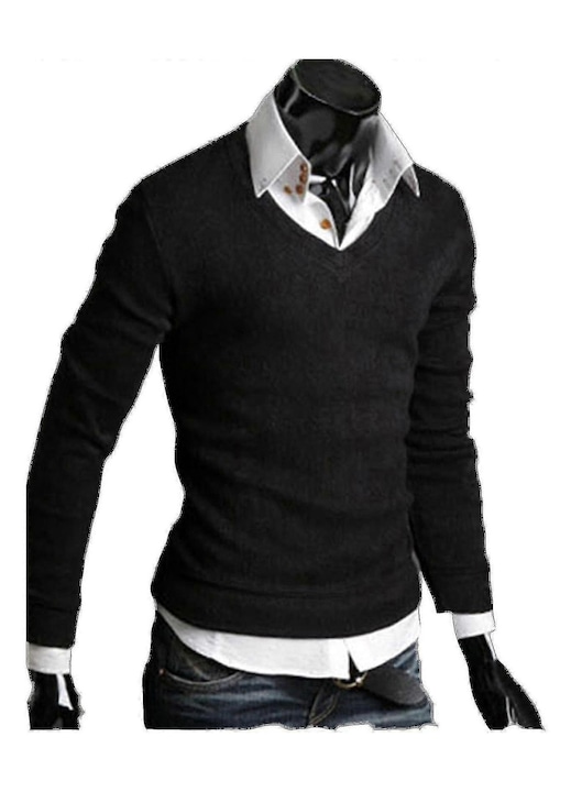 Férfi pulóver, fekete, kasmír keverék, V-nyakú, XL INTL