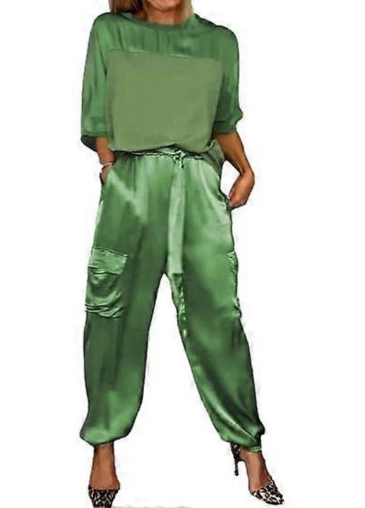 Costum din doua piese, top si pantaloni harem, casual, detalii patchwork, verde, poliester, XL INTL