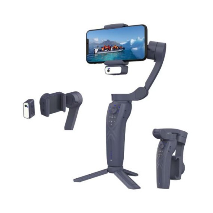 Képstabilizátor 3 Axis telefonhoz, Gesztusvezérlés mesterséges intelligencia segítségével, arckövetés, F12 Gimbal fotó és videó képstabilizátor, LED 9 fénymóddal, IOS és Android kompatibilis alkalmazás, Bluetooth