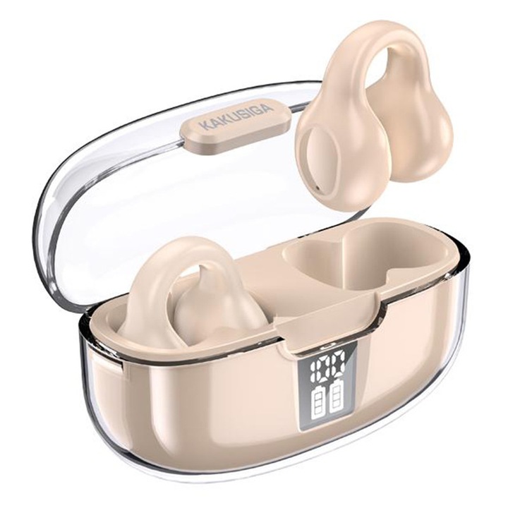 Vezeték nélküli fülhallgató csipesszel, KSC-1113, Bluetooth és TWS, 5 óra üzemidő, 300mAh akkumulátor, mikrofon, krémszínű