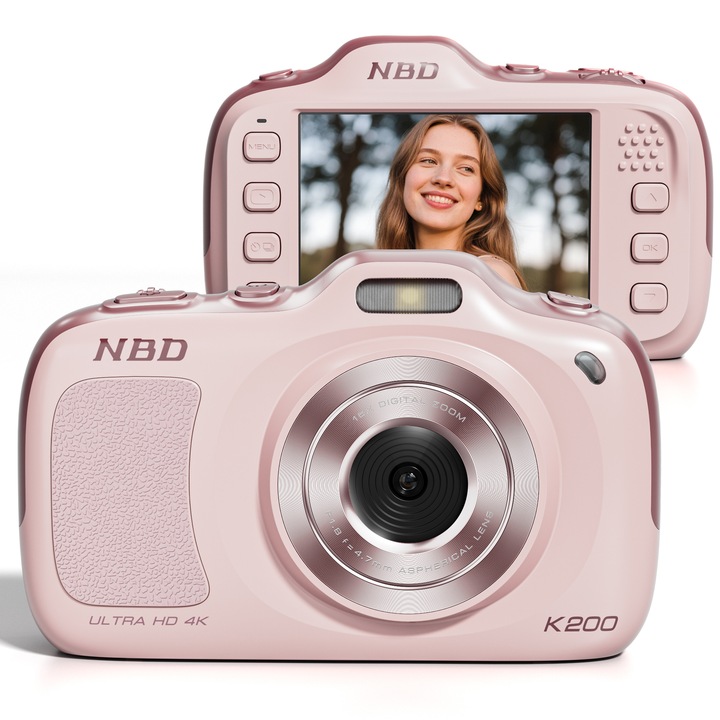 Цифров фотоапарат NBD®, 4K, 64MP, Компактен фотоапарат за пътуване с автофокус и 16X увеличение, Розов