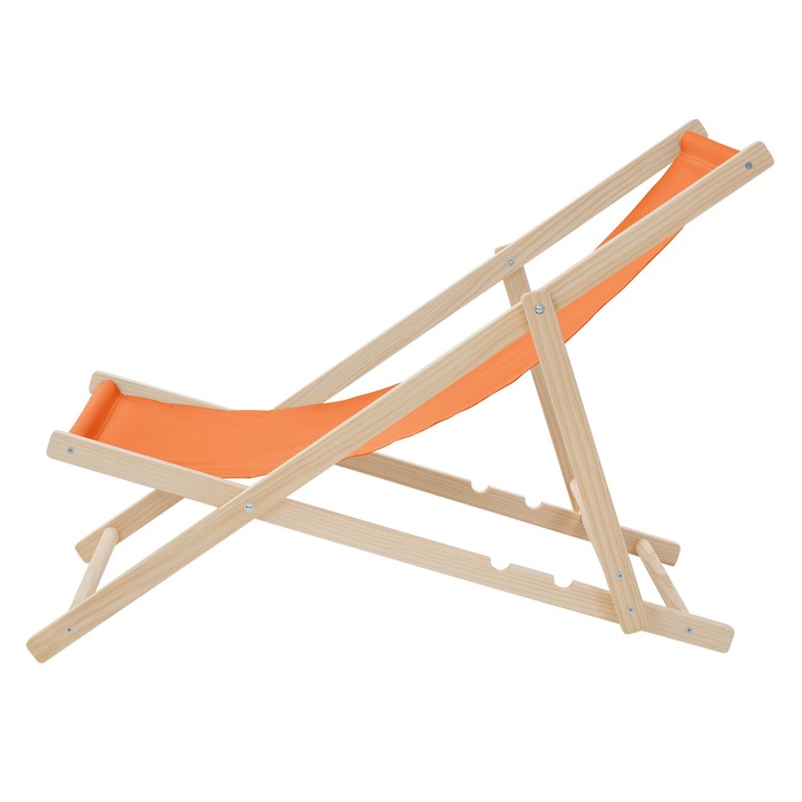 Scaun pliabil de plaja ECD Germany structura din lem si tesatura portocaliu, spatar reglabil in 3 pozitii, sezlong de relaxare pentru gradina, piscina, balcon sau terasa, capacitate de 120 kg