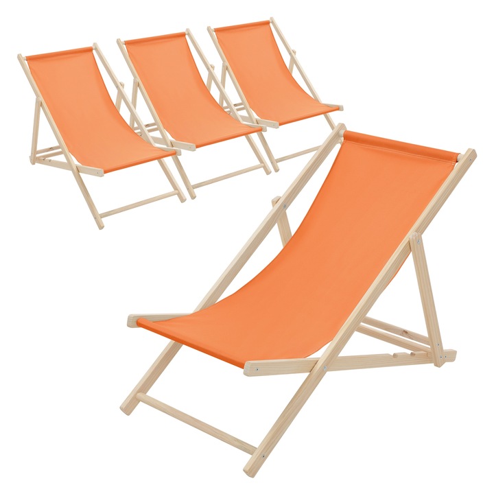 Set 4x Scaun pliabil de plaja ECD Germany structura din lem si tesatura portocaliu, spatar reglabil in 3 pozitii, sezlong de relaxare pentru gradina, piscina, balcon sau terasa, capacitate de 120 kg