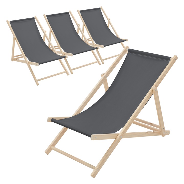 Set 4x Scaun pliabil de plaja ECD Germany structura din lem si tesatura antracita, spatar reglabil in 3 pozitii, sezlong de relaxare pentru gradina, piscina, balcon sau terasa, capacitate de 120 kg