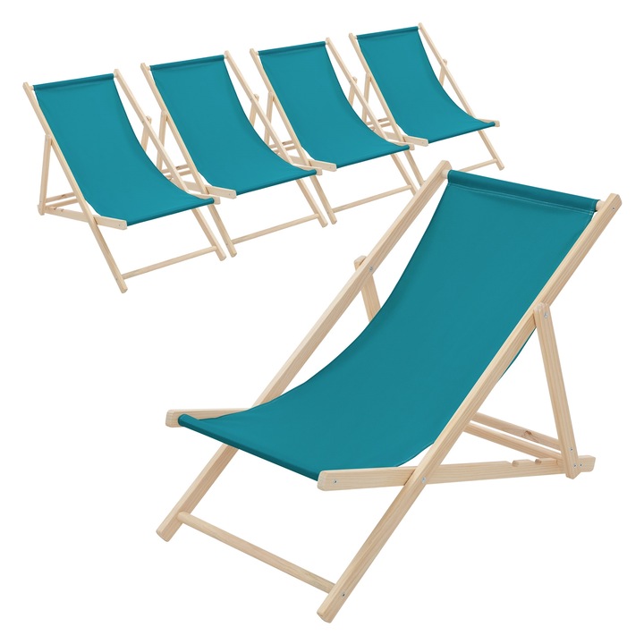 Set 5x Scaun pliabil de plaja ECD Germany structura din lem si tesatura albastru petrol, spatar reglabil in 3 pozitii, sezlong de relaxare pentru gradina, piscina, balcon sau terasa, capacitate de 120 kg