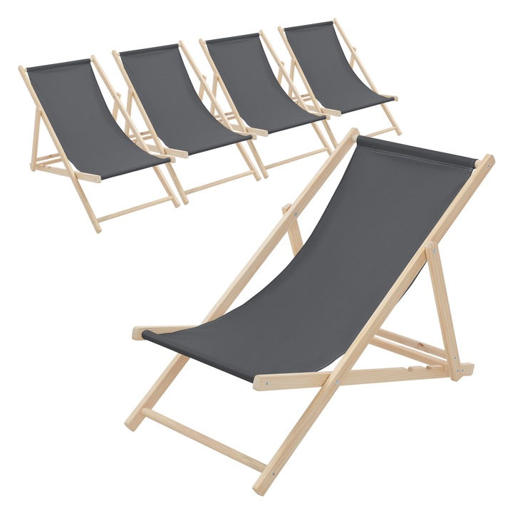 Set 5x Scaun pliabil de plaja ECD Germany structura din lem si tesatura antracita, spatar reglabil in 3 pozitii, sezlong de relaxare pentru gradina, piscina, balcon sau terasa, capacitate de 120 kg