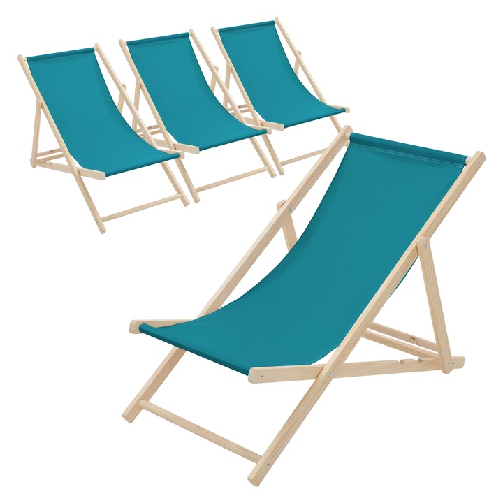 Set 4x Scaun pliabil de plaja ECD Germany structura din lem si tesatura albastru petrol, spatar reglabil in 3 pozitii, sezlong de relaxare pentru gradina, piscina, balcon sau terasa, capacitate de 120 kg