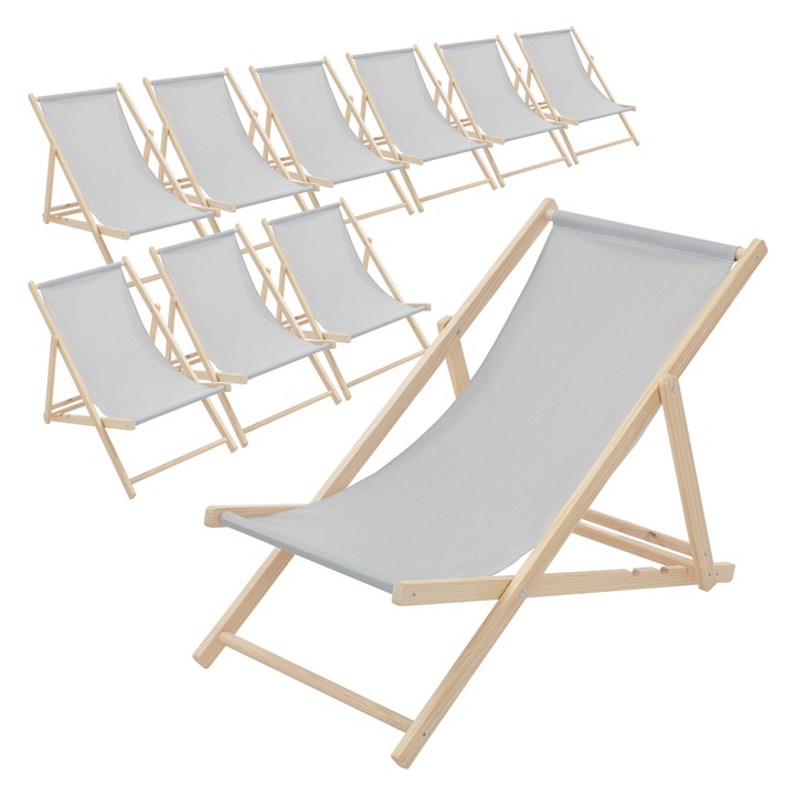 Set 10x Scaun pliabil de plaja ECD Germany structura din lem si tesatura gri deschis, spatar reglabil in 3 pozitii, sezlong de relaxare pentru gradina, piscina, balcon sau terasa, capacitate de 120 kg