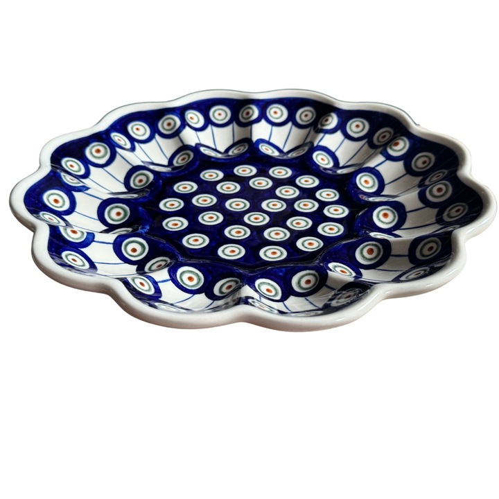 Platou pentru oua Peacock Eyes, ceramica smaltuita, pictat manual, 24, 0 cm