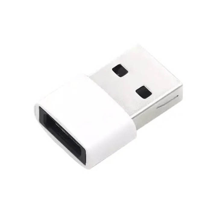 OTG адаптер Bervolo® USB-A към USB-C, бързо зареждане 3A, високоскоростен трансфер на данни, алуминиев корпус, компактен, бял
