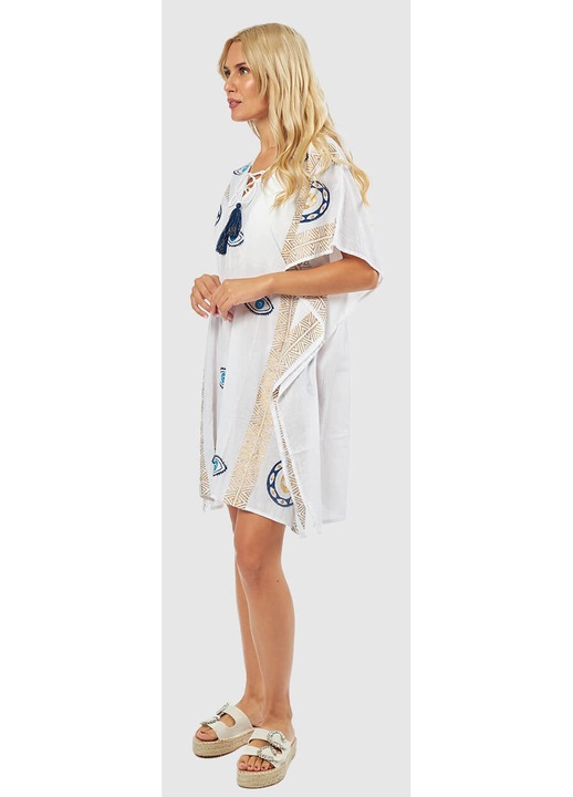 Rochie dama Verde, 100% bumbac Indian, alb cu detalii albastre si bej, marime unica