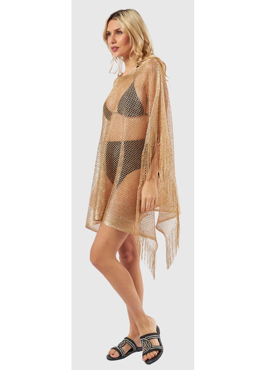 Rochie de plaja de dama, tricot, model asimetric, plasa, auriu
