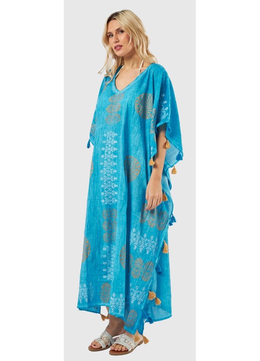 Rochie de plaja, Albastru, model 47-0177, 100% bumbac, maxi, cu imprimeuri decorative, marime unica