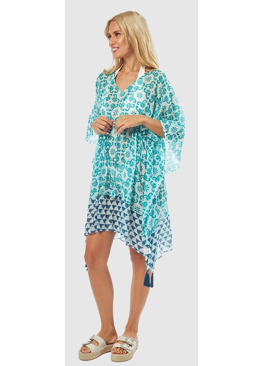 Rochie dama Verde, model cu motive geometrice, 100% bumbac Indian, verde petrol cu detalii bleumarin