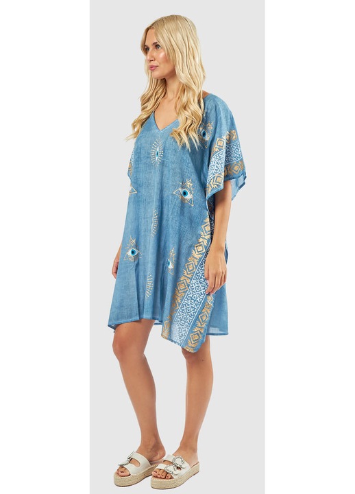 Rochie de plaja, model cu decolteu in V, imprimeu etnic, culoare albastru deschis, 100% bumbac