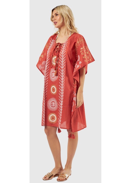 Rochie de plaja, bumbac Indian, imprimeu tribal, portocalie, lungime sub genunchi