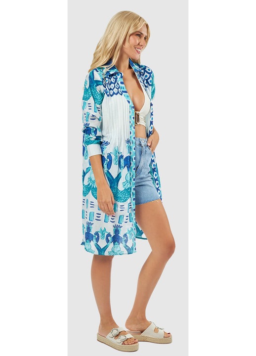 Rochie de plaja de dama, 100% bumbac Indian, midi, imprimeu albastru, lungime mare