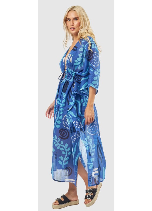 Rochie de plaja, model cu motive de vara, 100% bumbac Indian, lungime maxi, albastru