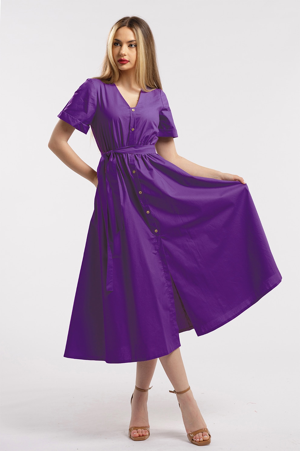 CAMISSI, Rochie-camasa cu cordon in talie, Violet, S-M