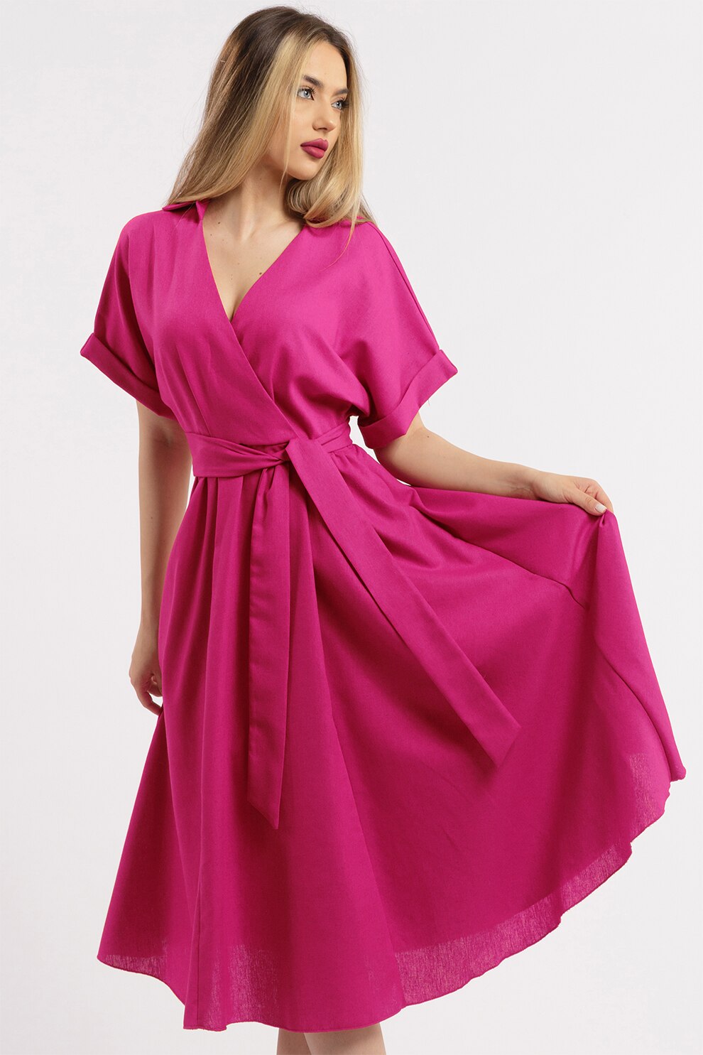 CAMISSI, Rochie midi evazata din in cu decolteu in V, Fucsia, L-XL
