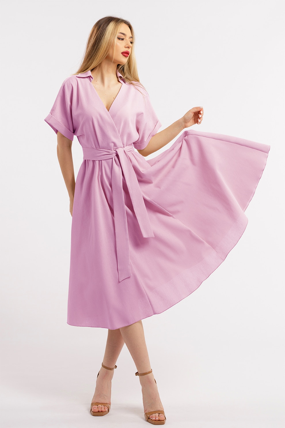 CAMISSI, Rochie midi evazata din in cu decolteu in V, Lila, S-M