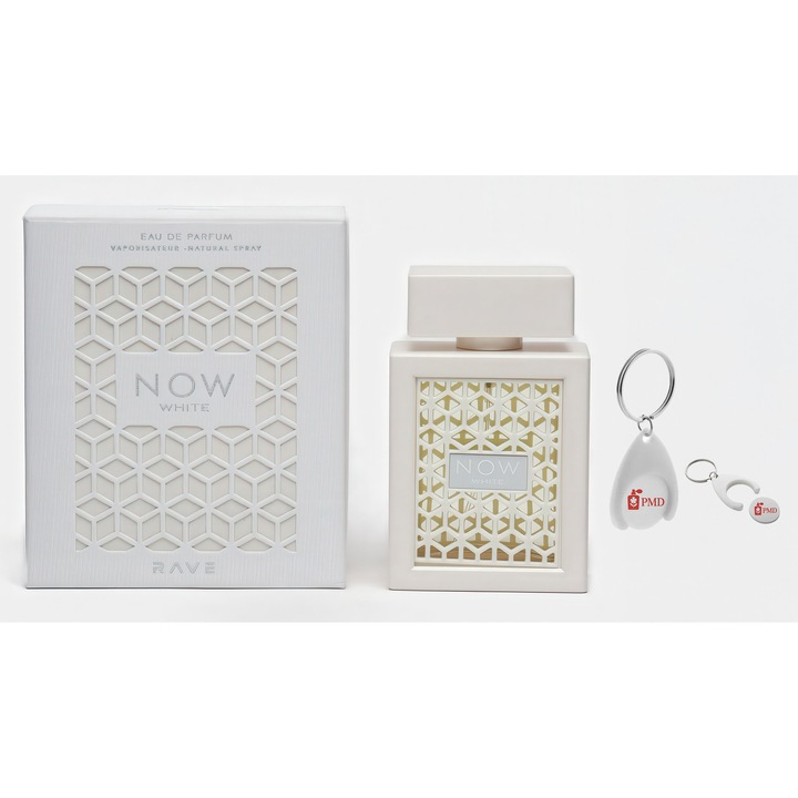 Set Apa de Parfum Now White, Rave, Unisex, 100ml, cu Breloc Personalizat "PMD", Fresh-Lemnos-Oriental
