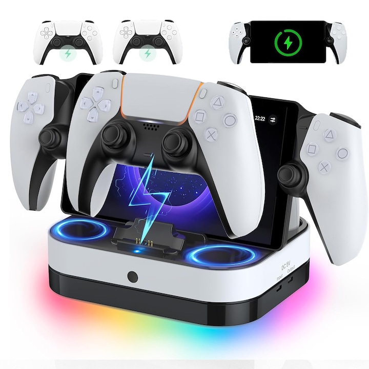 3 az 1-ben töltőállomás PS5 kontrollerhez és PlayStation Portalhoz, Topdii®, okosan védi PlayStation Portal akkumulátorát, RGB fény, két adatkábellel, fehér