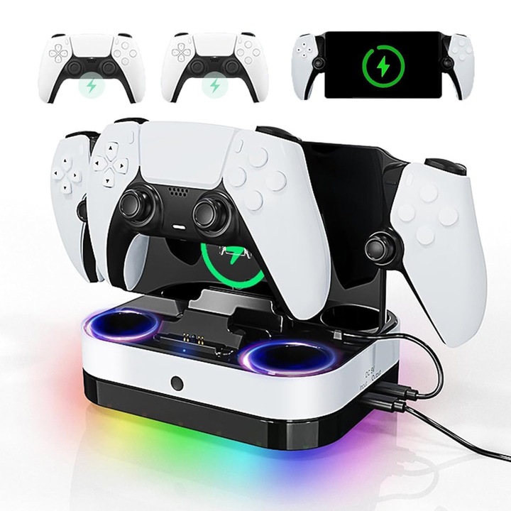 Statie incarcare controller PS5 si PlayStation Portal, lumina RGB, Cu doua cabluri de date, suport de incarcare rapida PS5, Protejati-va inteligent bateria PlayStation Portal, Suport de incarcare rapida PS5, Alb