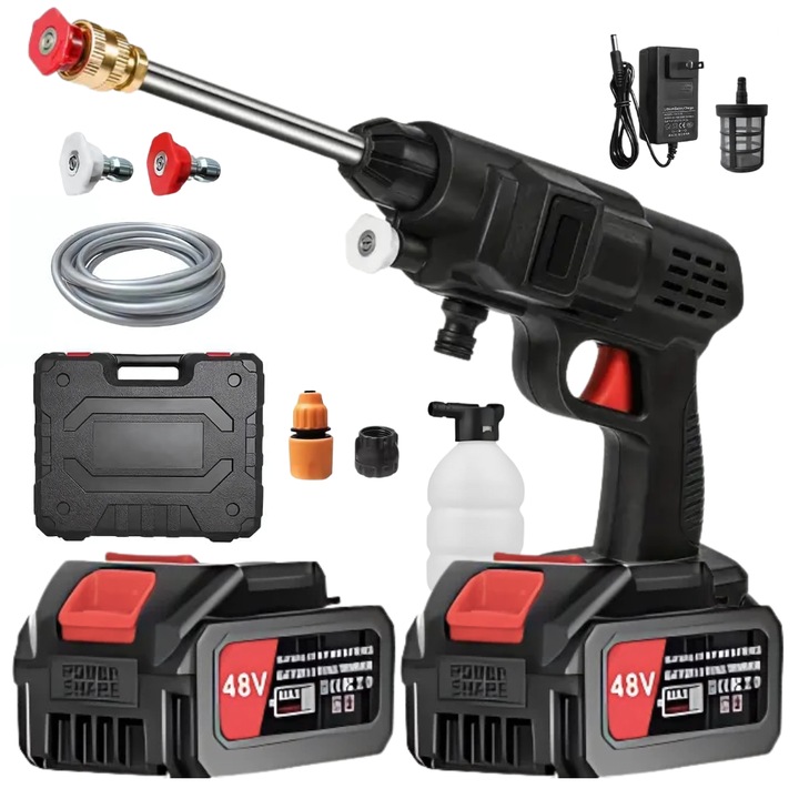 Aparat de Spalat cu Presiune GARDEON® Portabil, 48VF cu 2 Acumulatori – Pistol 3 in 1 cu 3 Moduri de Jet, 30 Bari, Autonomie 3 Ore, Furtun 5 m, Filtru, Duze si Recipient Spuma Incluse, Negru Compact 500W