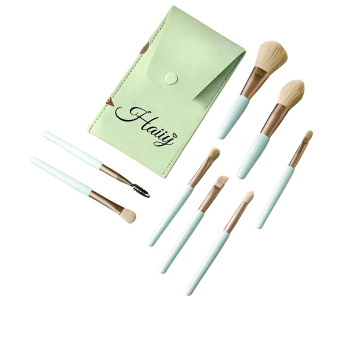 Set 8 pensule machiaj, profesionale, par moale, husa inclusa, verde