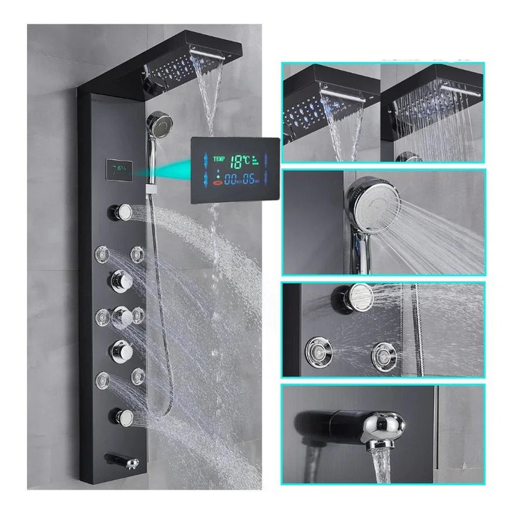 OEM Zuhanypanel, 6 funkció, masszázsfúvókák, kézi zuhany, kádlefolyó, fekete 8009