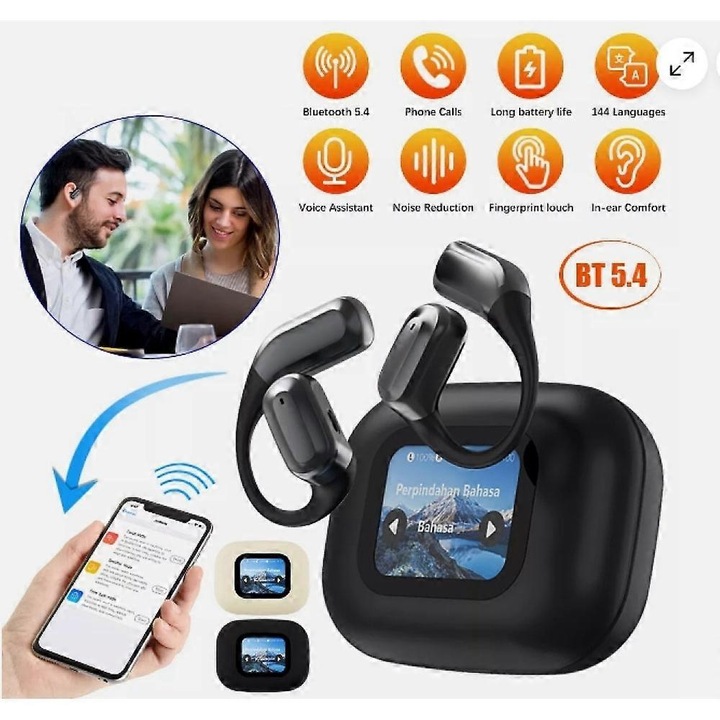 Vezeték nélküli fejhallgató, AI fordító, 144+ nyelv, Bluetooth 5.4, fekete, teljes készlet