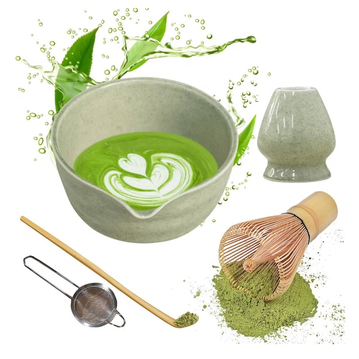 Set ceai matcha 5 piese, ceramica/bambus/inox, multicolor