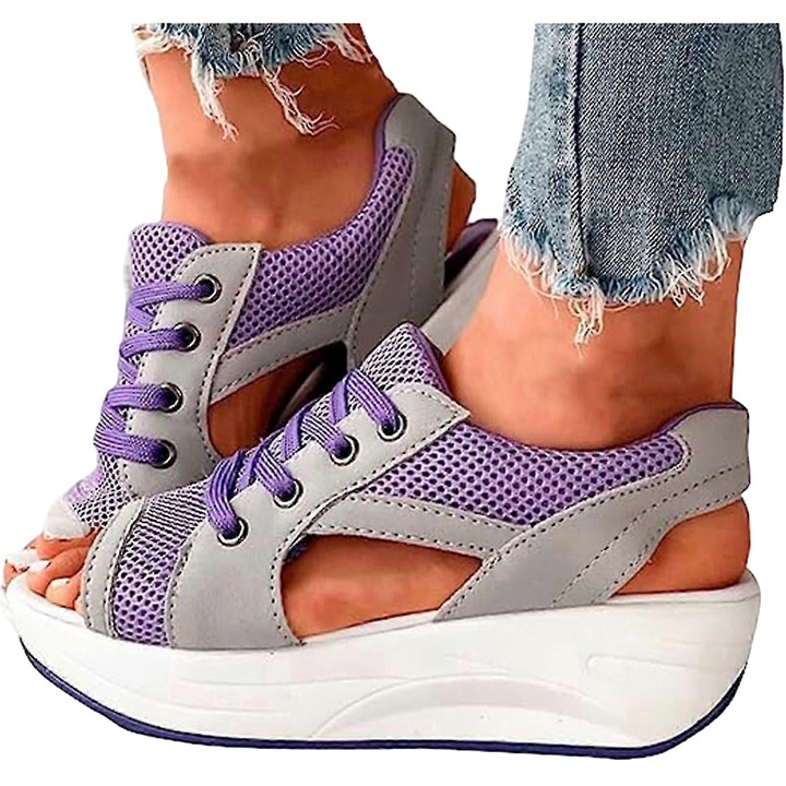 Női szandál, poliuretán, fűzős, ortopéd, szürke/lila