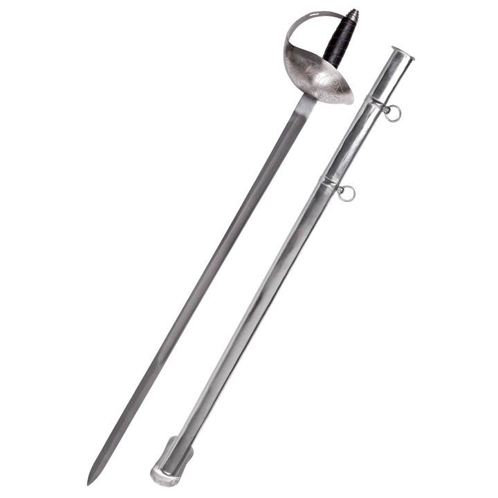 Sabie de cavalerie 1912 cu teaca din otel, Battle-Merchant, lungime totala 109 cm, lungime lama 89 cm, neagra