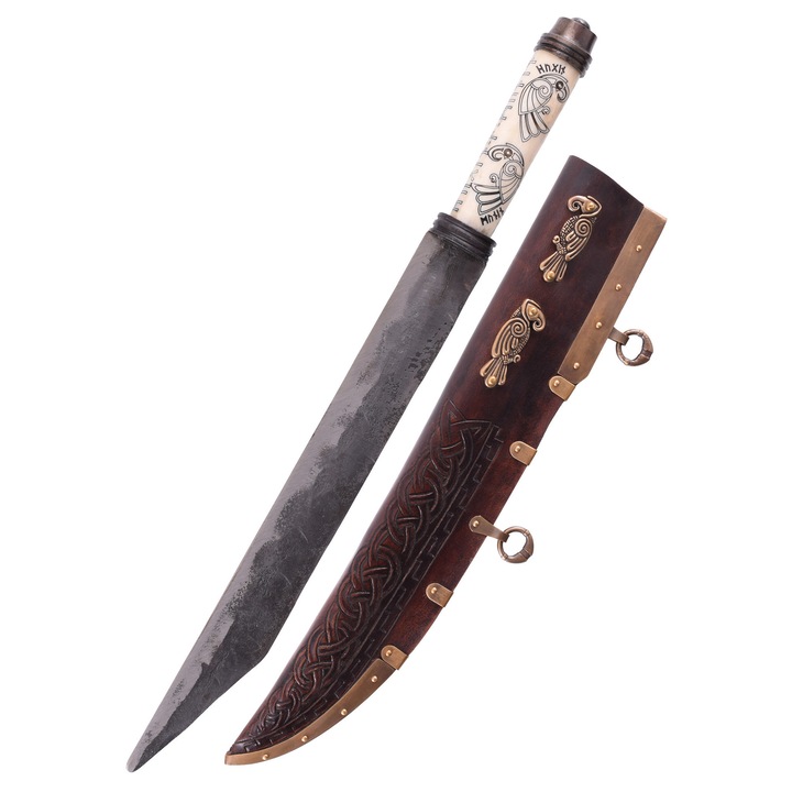 Нож Викинг Дълъг Сакс Battle-Merchant с кост и гравюри на норвежки гарвани 48x3.5см