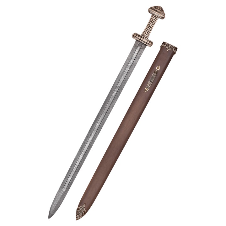 Viking kard, Battle-Merchant, bőr tokkal, damaszkuszi acél penge, 97cm