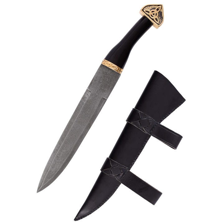 Seax Tőr, Battle-Merchant, damaszkuszi acél penge, szarv markolat, bőr tok, 47cm