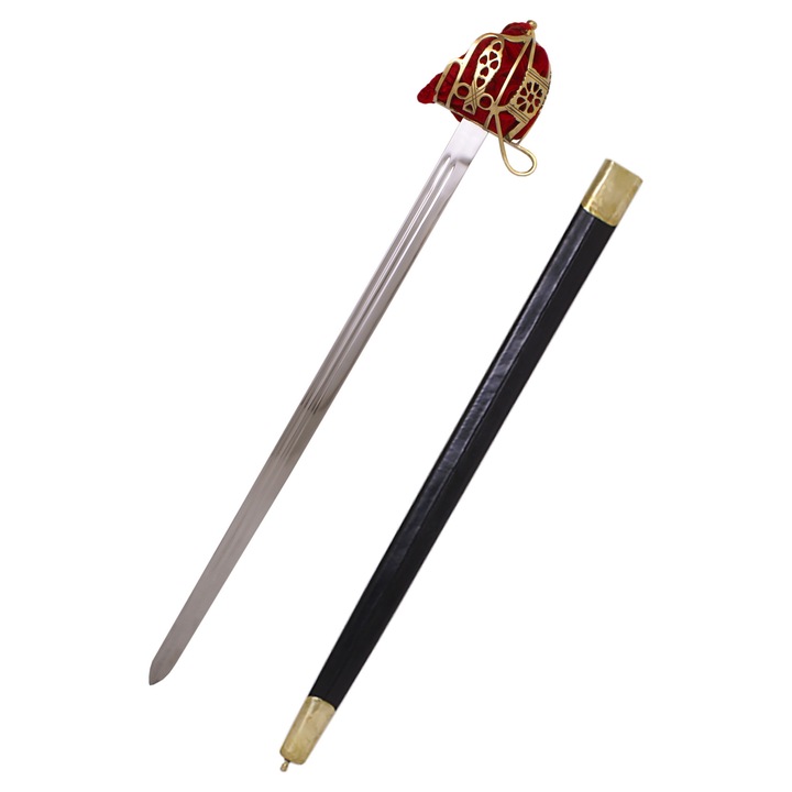 Skót Claymore kard, Battle-Merchant, teljes hossza 104cm, súlya 1.7kg, bőrrel borított fa hüvellyel