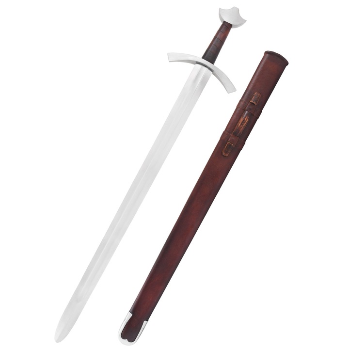 Sabie medievala inalta cu teaca, Battle-Merchant, otel elastic, lungime totala 96.5cm, greutate 1300g
