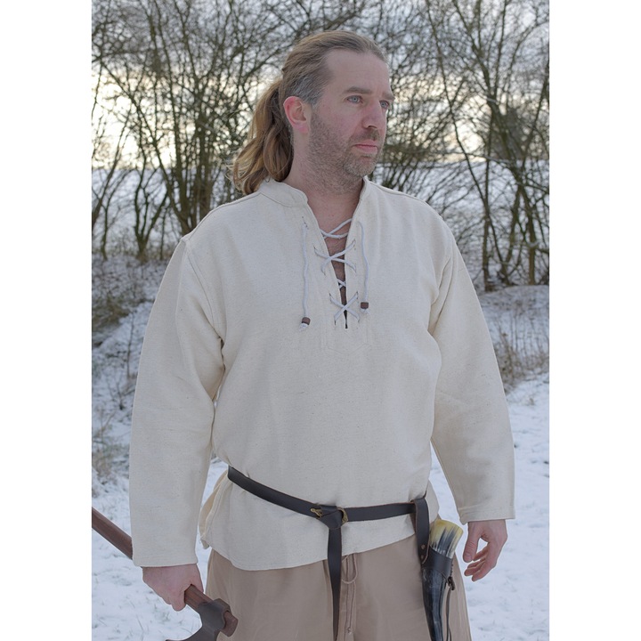 Camasa medievala grea, Battle-Merchant, bumbac natural, marimea L, cu snur si margele din lemn