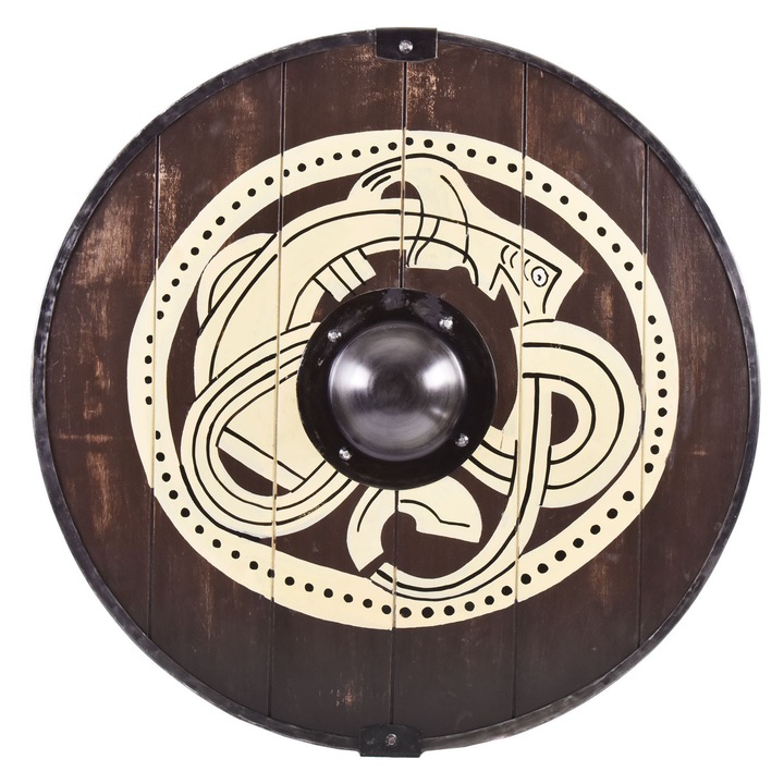 Викингски щит с мотив „Хващащ звяр“, ръчно рисуван, 61 см, от шперплат с дървена дръжка