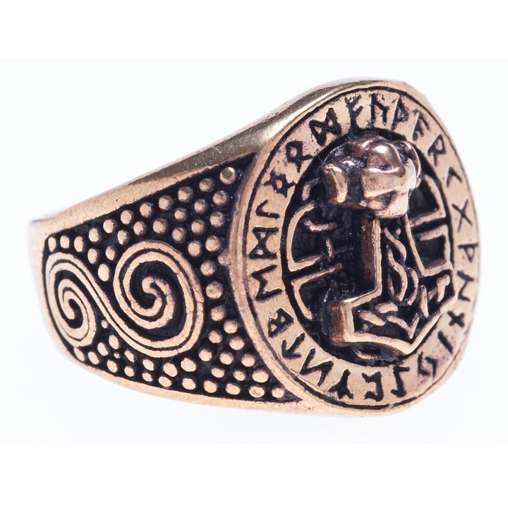 Viking gyűrű rúnákkal és Thor kalapácsával, bronz, 22-es méret