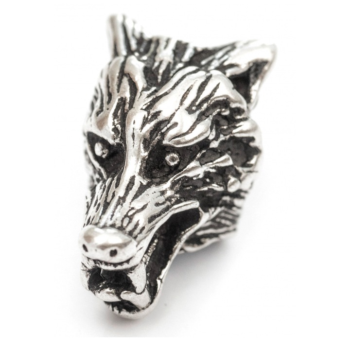 Szakállgyöngy, Battle-Merchant, farkasfej, ezüst, 2x1.2x1.2cm